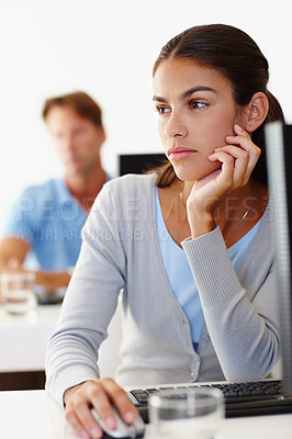 Buy stock photo Thinking, serious and business woman with doubt, decision or problem solving with mouse in creative startup. Vision, idea and professional planning, reflection or designer remember memory by computer