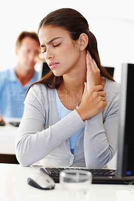 Buy stock photo Business woman, neck pain and injury in office, tired or burnout by computer in creative startup. Fatigue, spine ache or person massage muscle, fibromyalgia or stress of body with overworked designer