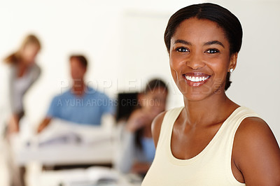 Buy stock photo Portrait, black woman and smile at office as magazine editor for publication and confident. Female person, people and happy with pride for startup company or business and satisfied with career media