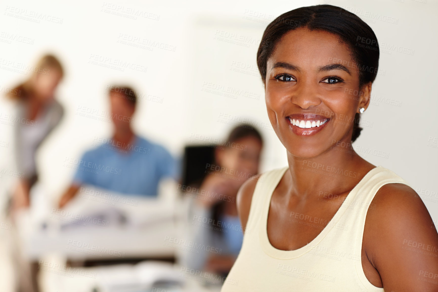 Buy stock photo Portrait, black woman and smile at office as magazine editor for publication and confident. Female person, people and happy with pride for startup company or business and satisfied with career media