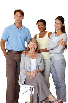 Buy stock photo Collaboration, support and business people in portrait in studio with happiness, confidence and trust on white background. Diversity, management consultants and partnership with smile for teamwork