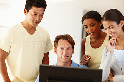 Buy stock photo Diversity, coworker and smile at office with computer for teamwork, collaboration and coworking. Colleagues, people and happy on pc for startup company or business with research, online and internet
