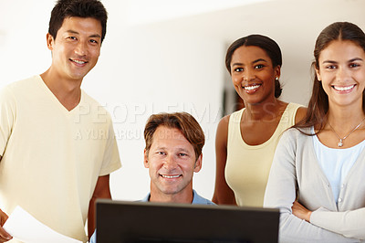 Buy stock photo Diversity, people and smile at office with computer for teamwork, collaboration and coworking. Colleagues, group and happy in portrait for startup company or business and satisfied with growth