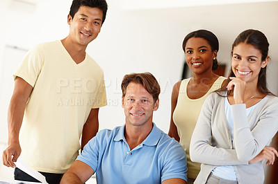 Buy stock photo Portrait, people and diversity for teamwork in agency with smile, solidarity and business meeting. International group, workers and happy in office for company with cohesion, support and work