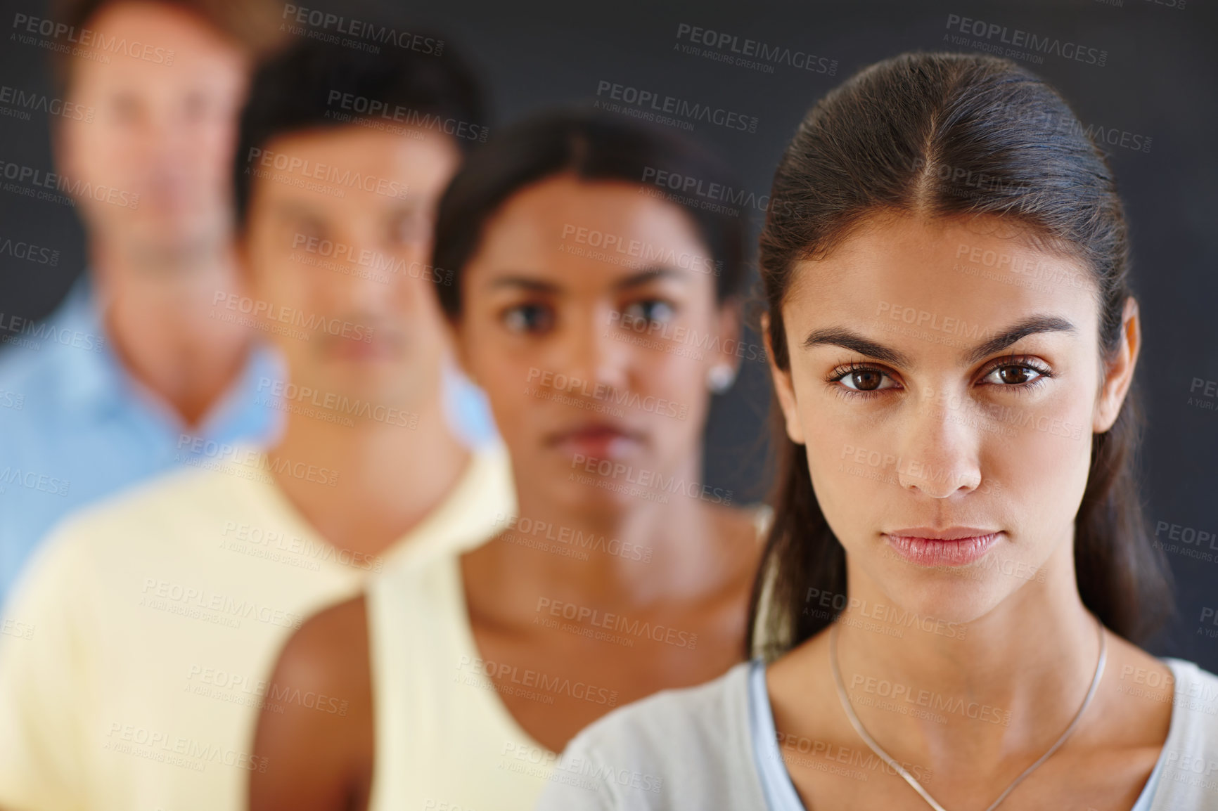 Buy stock photo Diversity, colleagues and confident in row for teamwork or collaboration and coworking with dark background as graphic designers. Portrait, coworker and people as employees for startup business. 