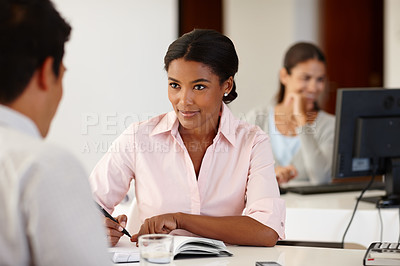 Buy stock photo Meeting, recruitment or woman writing in job interview with documents in office for salary negotiation. Explain, manager or man speaking to hr for business, report or hiring opportunity in discussion