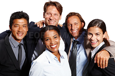 Buy stock photo Portrait of five business people expressing their close bond on a white background