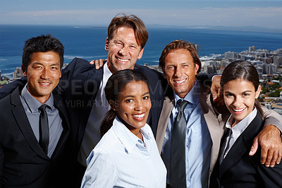 Buy stock photo City, sky and business people together for portrait with diversity, happiness and teamwork for career in real estate. Men, women and team for property management, unity and corporate professionals.
