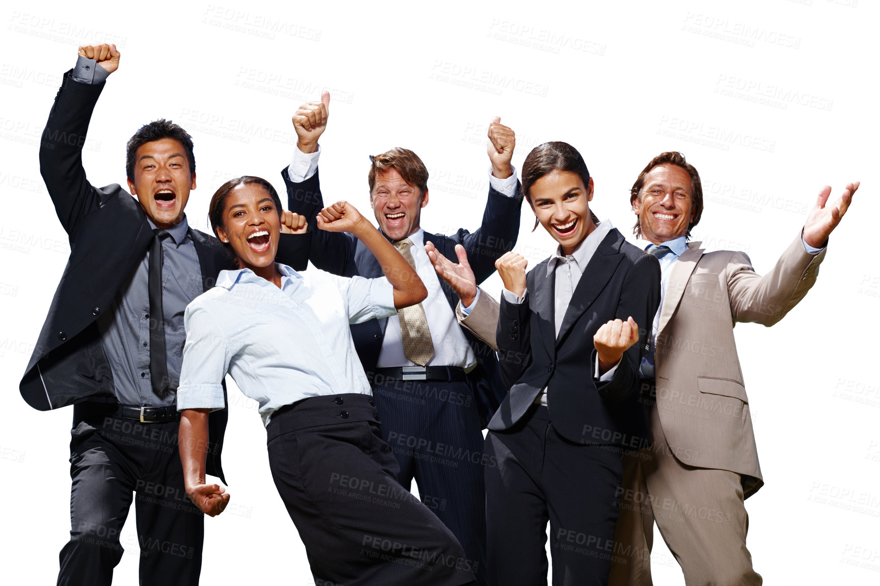 Buy stock photo Shot of a group of business people acting excited with their hands in the air on a white background