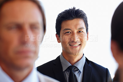 Buy stock photo Portrait, professional and Asian man in studio, corporate and happiness for company and startup. White background, staff and male person with smile for career, pride and confidence for business