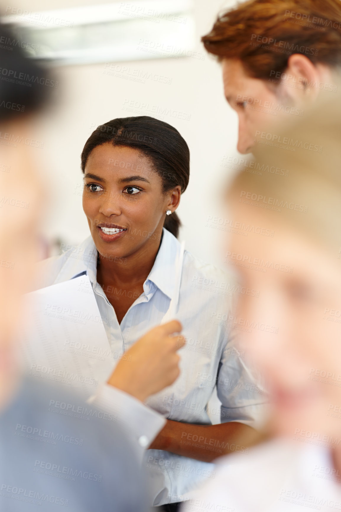 Buy stock photo Business woman, meeting and teamwork in office for communication, workshop and diversity at work. African consulting, discussion and hr workforce for professional collaboration on recruitment project