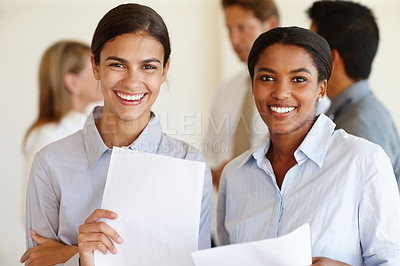 Buy stock photo Female people, partners and colleagues with paper and smile in office for teamwork, friends or meeting. Women, documents and coworkers or happiness or laugh for collaboration, job or workplace