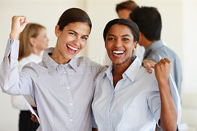 Buy stock photo Businesspeople, portrait and fist for winning achievement at startup company for teamwork, entrepreneur or collaboration. Female people, cheering gesture for partner celebration, good news or victory