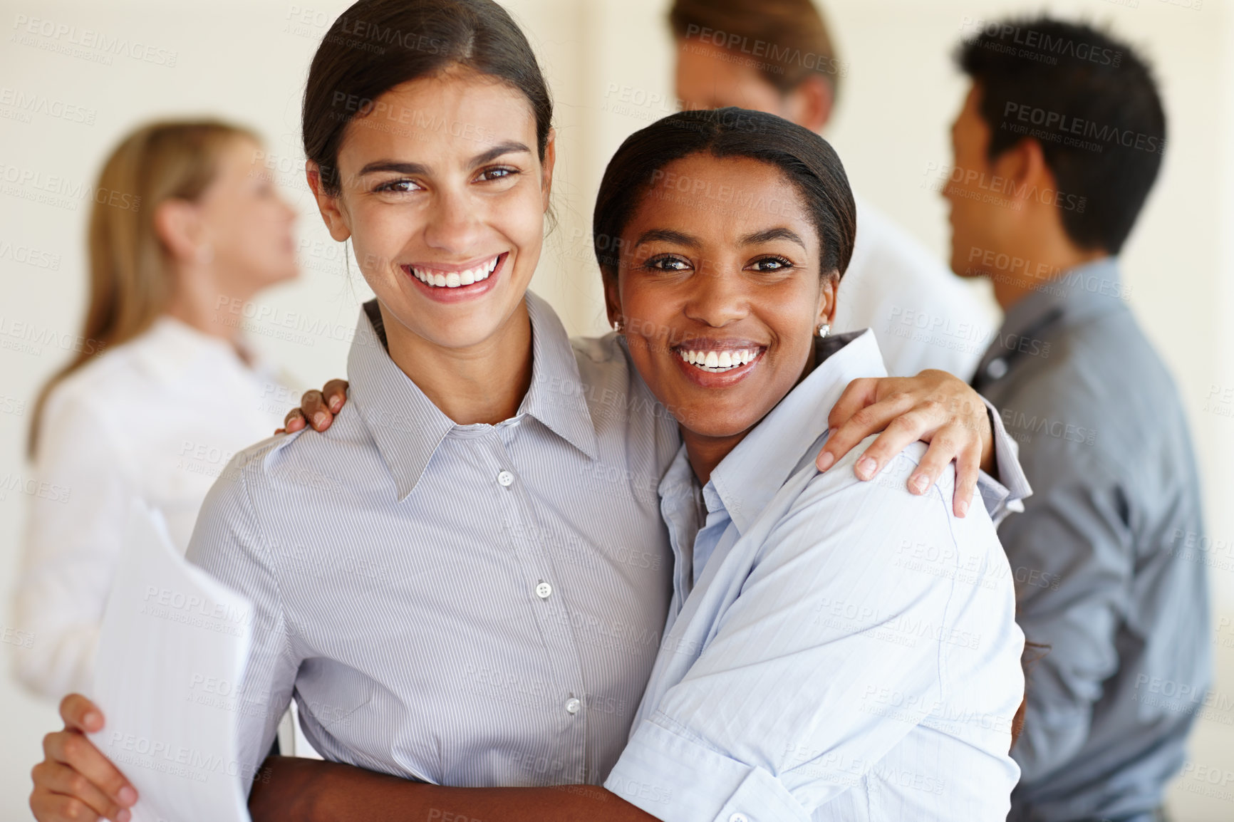 Buy stock photo Businesswoman, portrait and teamwork collaboration with paperwork or partnership smile, startup or entrepreneur. Female people, friends and hug or corporate company or interns, office or workplace