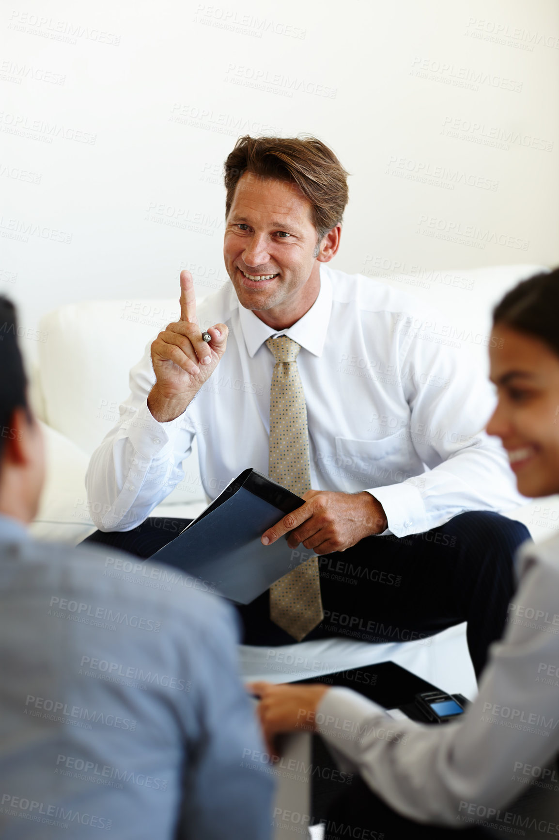 Buy stock photo Happy, businessman and candidate for interview, talking and hiring for new position in workplace. Smile, male recruiter and human resources manager with interns for job oppurtunity and growth