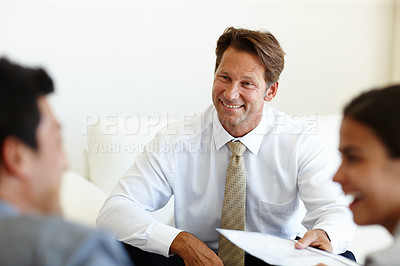 Buy stock photo Paperwork, smile or business people in meeting or interview for team discussion or portfolio for project. Manager, happy and workers planning in office talking, conversation or speaking of documents