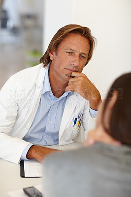 Buy stock photo Doctor, man and patient consultation in healthcare with discussion, listening or medical support while writing. Surgeon, meeting or health compliance documents for hair transplant or plastic surgery 