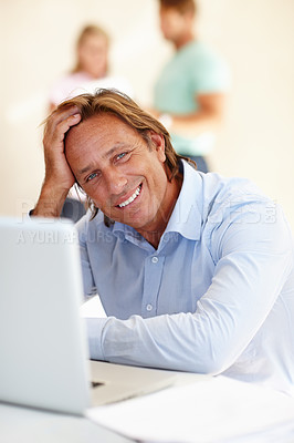 Buy stock photo Man, smile and portrait with laptop in office for internet, research online and website for company. Mature male or business person and happy with tech for planning, email and strategy for work