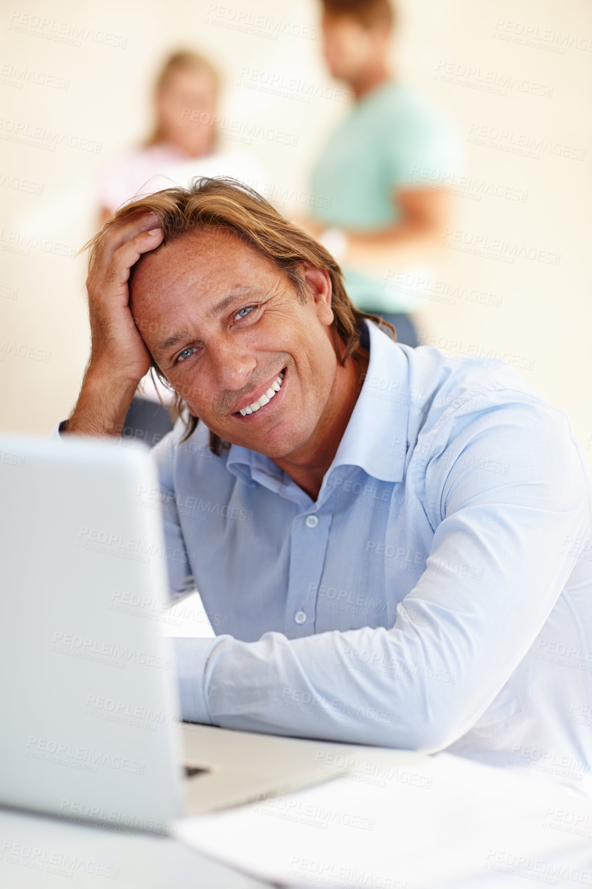 Buy stock photo Man, smile and portrait with laptop in office for internet, research online and website for company. Mature male or business person and happy with tech for planning, email and strategy for work