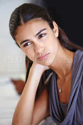 Buy stock photo Neck pain, woman and office for stress, thinking and angry for burnout in work or company. Young person, employee or editor and sad, tired or moody for overworked and employment for profession 