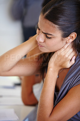 Buy stock photo Neck pain, woman and office for profession, tired and angry for burnout in work or company. Young person, employee or editor and sad, stress or moody for employment and career in organisation