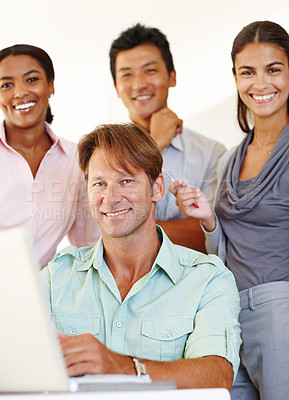 Buy stock photo Business people, portrait and happy by laptop in office, diversity and together in solidarity on project. HR team, smile and face in collaboration, computer and recruitment staff on online onboarding
