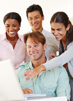 Buy stock photo Solution, laptop or happy business people with teamwork, online update or diversity in a group project. Meeting, computer or employees in office talking, conversation or speaking of collaboration
