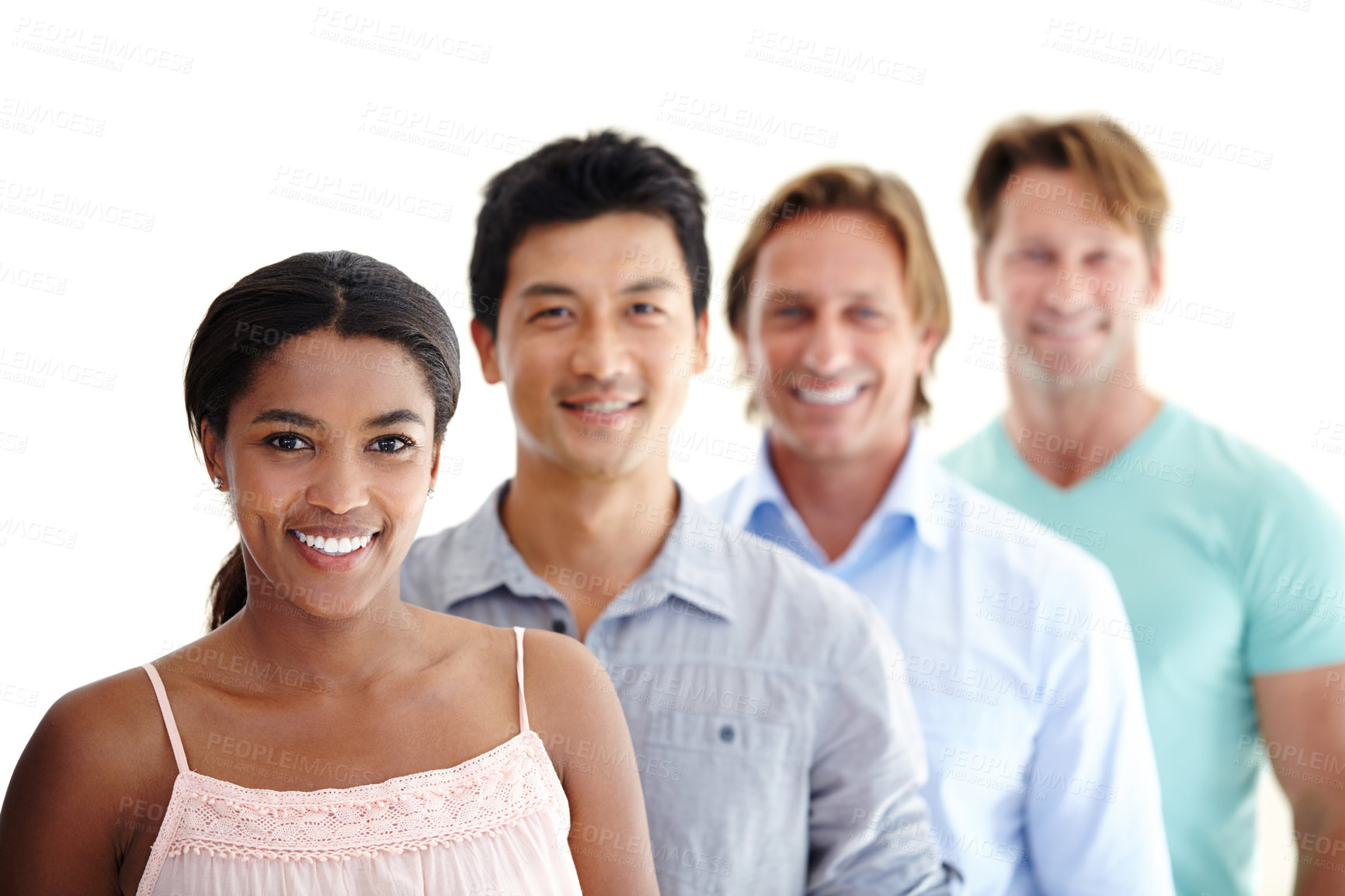 Buy stock photo Group, people or portrait of team with smile for community, diversity or population on white background. Collaboration, happy or partnership in creative career with staff, employees or workers in row
