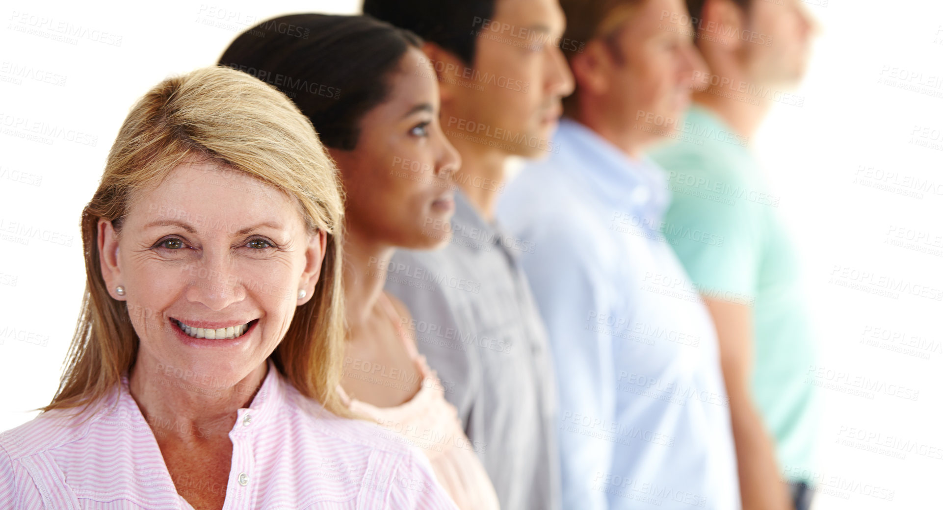 Buy stock photo Group, people and face of woman with smile for community, diversity and demographic or population on white background. Leader, ceo and boss in corporate career with staff, employees and workers