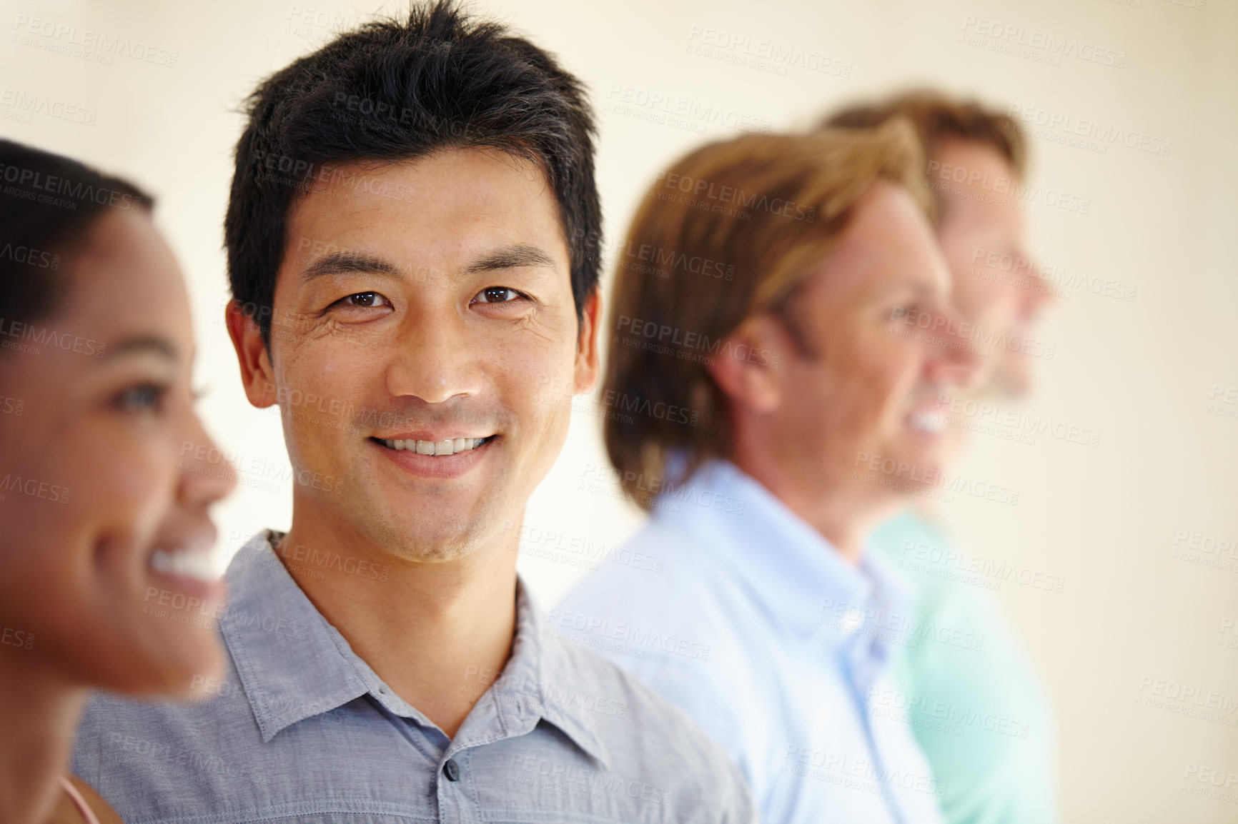 Buy stock photo Asian man, diversity and coworker in row with smile for teamwork or collaboration and coworking as consultant. Portrait, colleagues and people as employees with confidence for business and growth