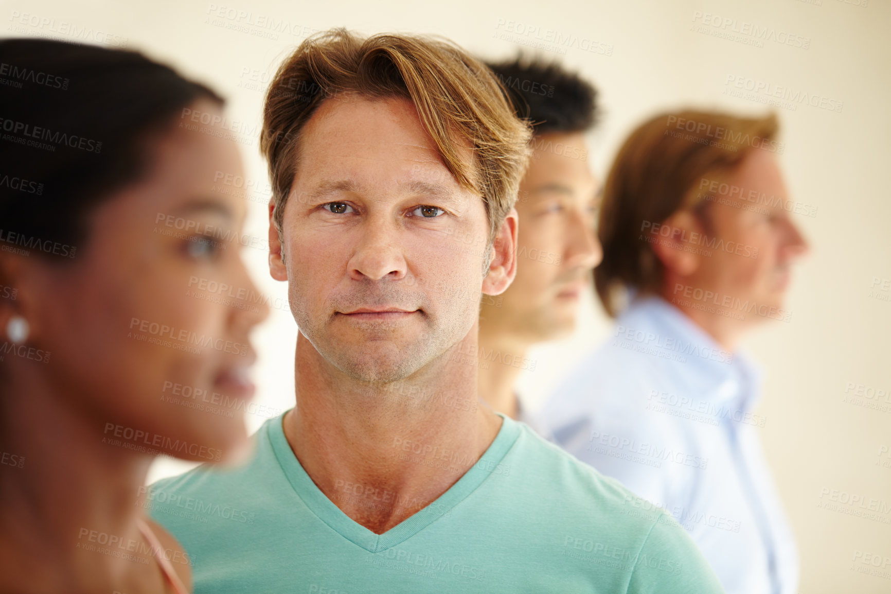 Buy stock photo Man, diversity and coworker in row for teamwork or collaboration and coworking as graphic designers. Portrait, colleagues and people as employees with confidence for startup business and growth