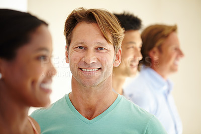Buy stock photo Man, smile and multicultural in portrait, row and group for opportunity, diversity and job search. People, happy and pride in line, queue and smiling for interview, recruitment and hiring at company