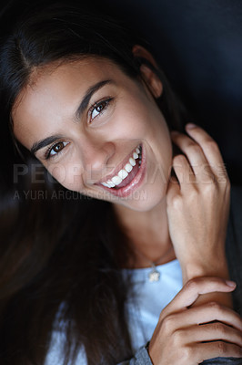 Buy stock photo Happy woman, beauty or portrait in studio for skincare or cosmetology for natural shine or face. Cosmetics, smile or girl with healthy glow or dermatology results for wellness on black background