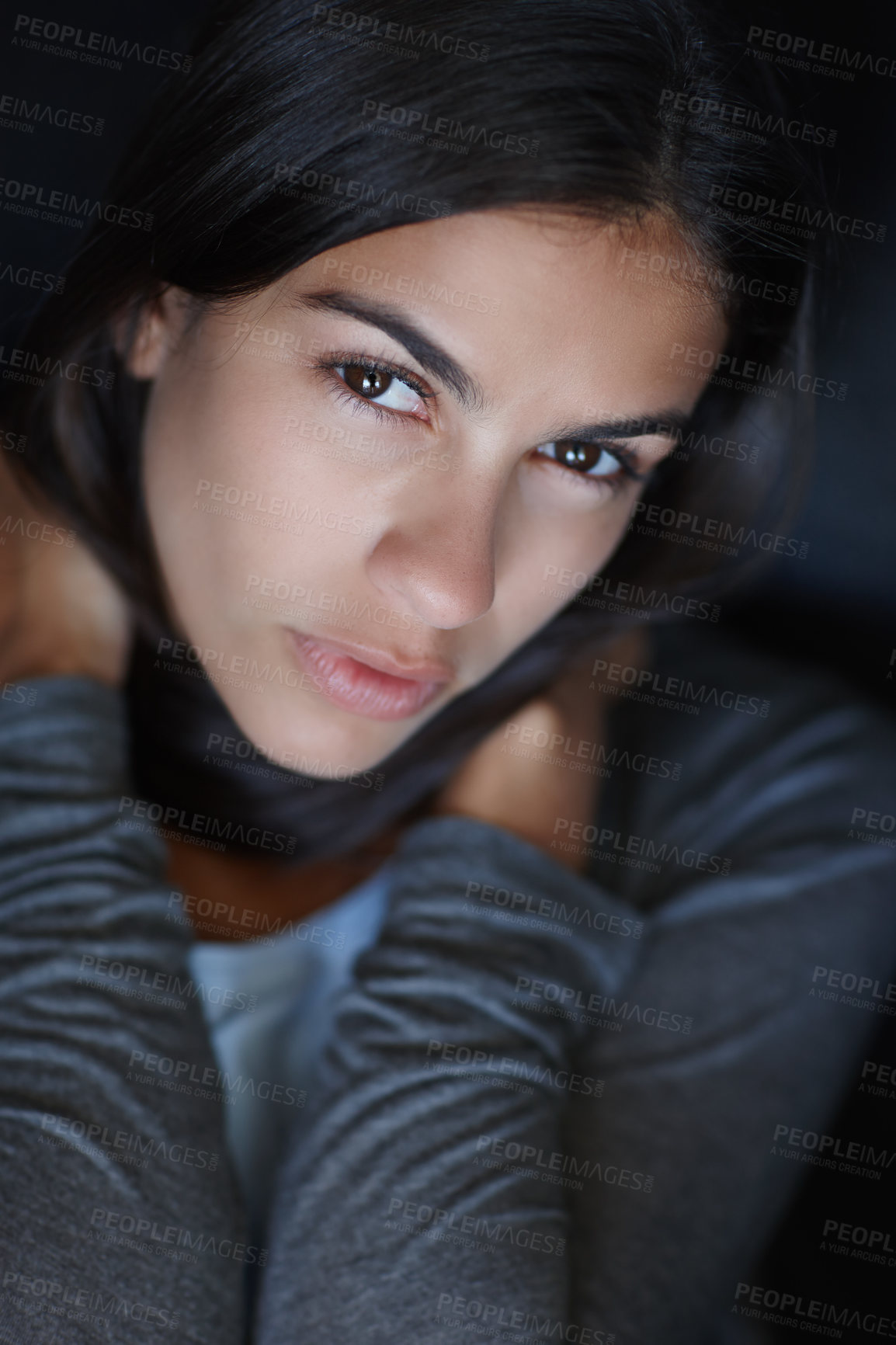 Buy stock photo Girl, relaxed and calm in home portrait for vacation, break or peaceful holiday and ready for alone time. Person, innocent and chilling on weekend evening sweet, confident and comfortable on sofa