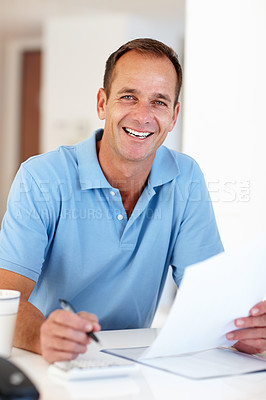 Buy stock photo Portrait, man or paper in business, budget or planning of finance, accounting or tax management. Businessman, calculator or contract to audit, balance or revenue as profit, growth or analysis