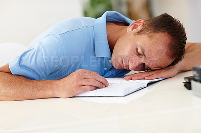 Buy stock photo Tired, businessman or notebook in mental health, burnout or sleeping, fatigue or bad dream at desk. Brain fog, man or overworked to fail, overwhelmed or worried at burden, toxic or stress of business