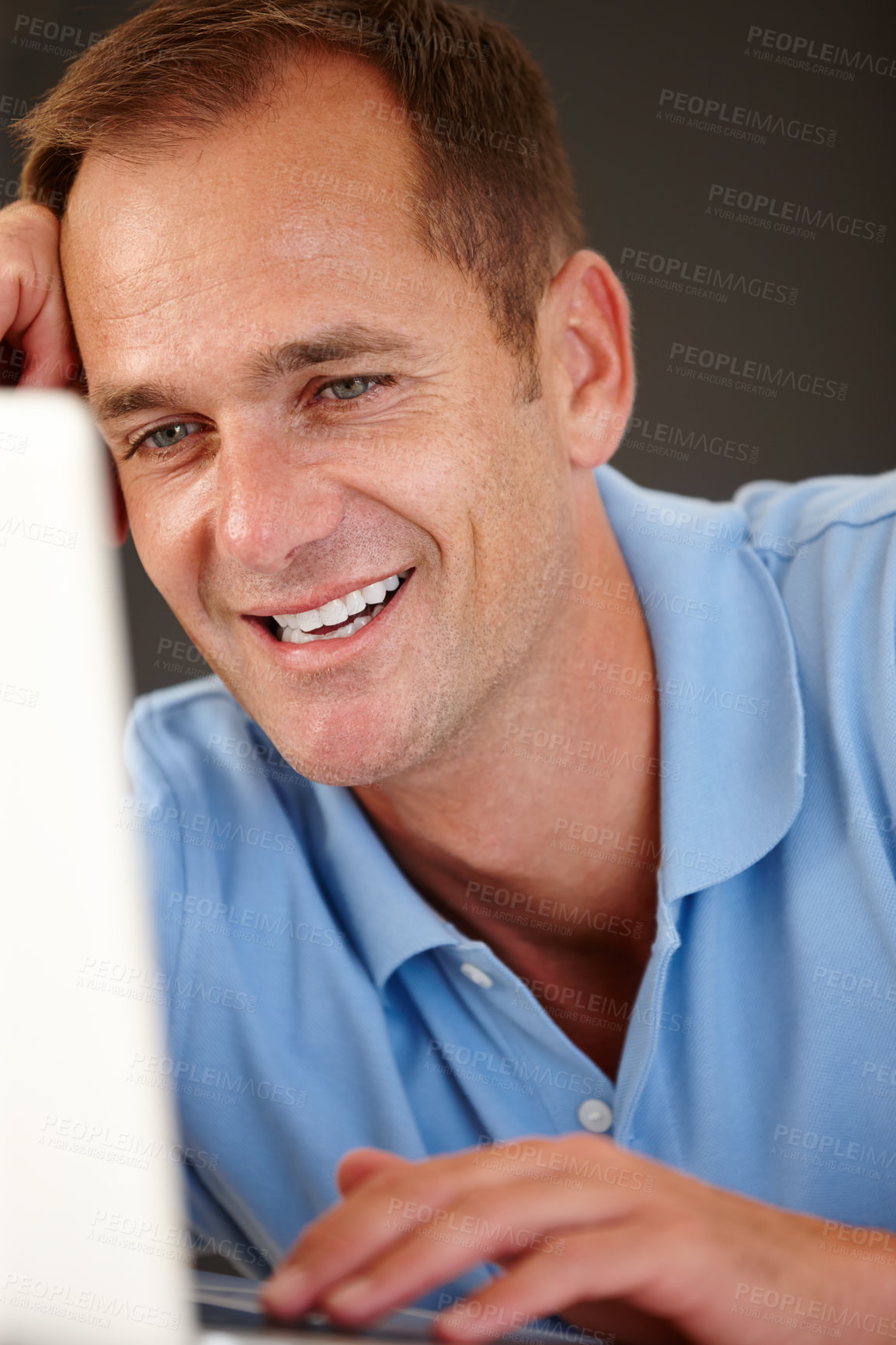 Buy stock photo Man, smile and laptop in home for work or networking with remote job and creative career in virtual assistance. Male person, digital technology and internet for emails or schedule online appointments