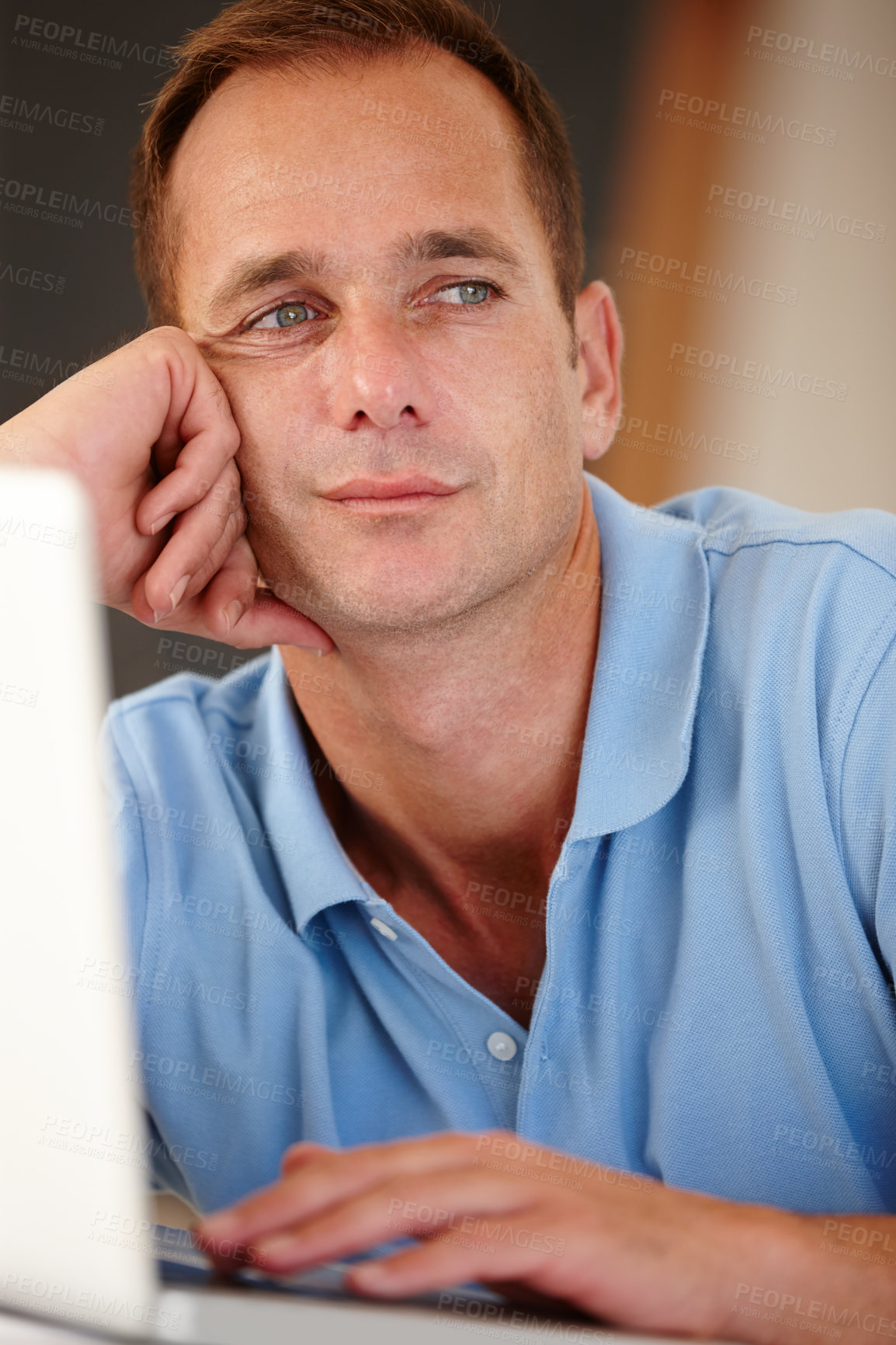 Buy stock photo Man, laptop or thinking of business, problem or question to search, internet or plan tech solution. Businessman, computer or vision of digital, software or application to remember browsing history