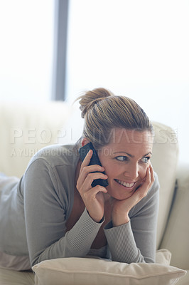 Buy stock photo Thinking, happy woman or phone call on couch in home talking or speaking in living room for communication. Ideas, mobile or person with smile in conversation to relax on sofa in a house for a break