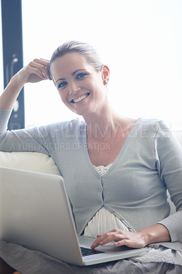 Buy stock photo Home, portrait and woman with laptop on couch with connectivity, internet and checking email with smile. Freelancer, career and working with computer in living room, happy person and online with tech