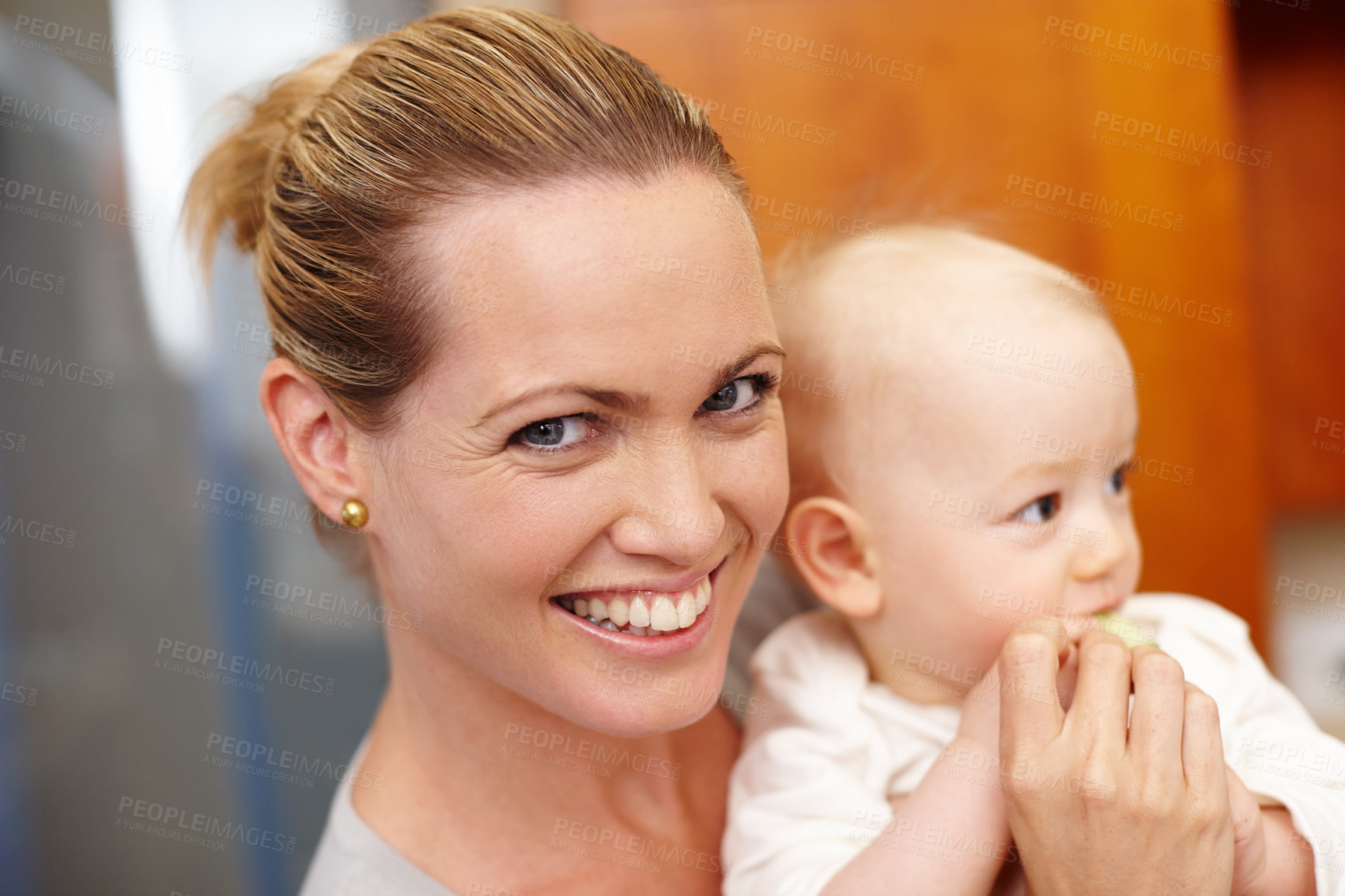 Buy stock photo Woman, baby and smile with portrait, eating and love for parental happiness or bonding. Mother, child and home or house for childhood, support and positivity together for care and growth for family