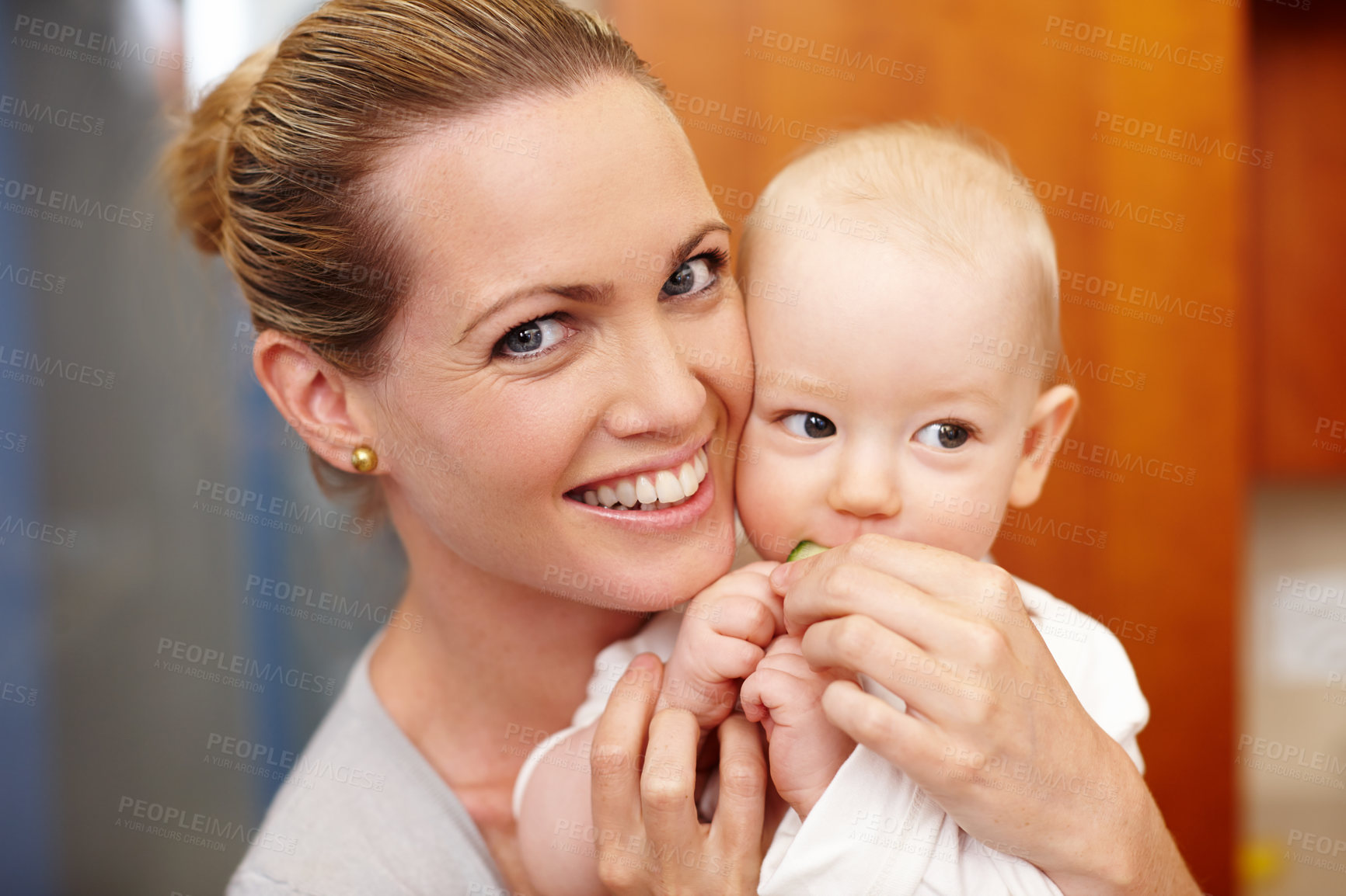 Buy stock photo Portrait, mother and child with love, happy and bonding for childhood development in house, home and apartment. Woman, baby eating and family with smile for affection, growth for kid and together