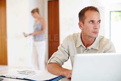 Buy stock photo Business man, laptop and thinking of work from home solution, planning and ideas. Accountant, worker or freelancer on his computer with inspiration, thoughtful and brainstorming for career or job