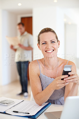 Buy stock photo Business woman, phone and smile for finance, planning or communication in accounting office or startup. Accountant or worker in portrait with mobile chat, contact or email by documents and calculator