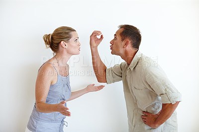 Buy stock photo Divorce, couple and fight in studio with anger for conflict, crisis or stress isolated on a white background. Man, woman and argument for breakup, cheating and frustrated at marriage fail together