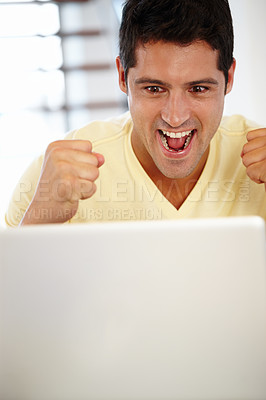 Buy stock photo Man, laptop and excited celebration or online victory for employment win, deal or promotion. Male person, fist and yes happiness for email achievement or career growth with bonus, discount or target