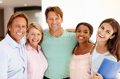 Buy stock photo Creative agency, smile and portrait of employees with teamwork for partnership, collaboration and pride. Diversity, business people and happy with solidarity for support, meeting or team building