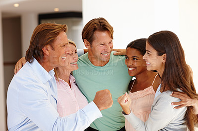 Buy stock photo Creative, smile and fist of business people with celebration for achievement, success and motivation. Diversity, employees and gesture for winning with good news, teamwork and company victory