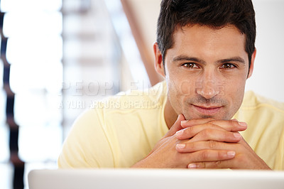 Buy stock photo Man, portrait and laptop in home office for internet tech as software developer for website research, report or small business. Male person, face and online communication, company or entrepreneur