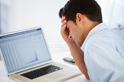 Buy stock photo Laptop screen, headache or businessman in office for financial, stress or frustrated by chart, 404 or audit crisis. Computer, graph or accountant with brain fog, glitch or stock market crash disaster